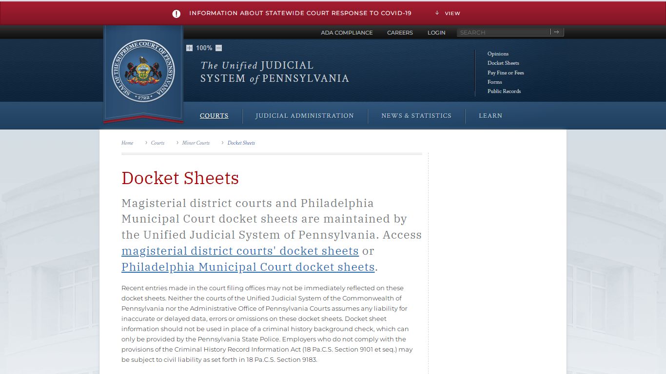 Docket Sheets | Minor Courts - Judiciary of Pennsylvania